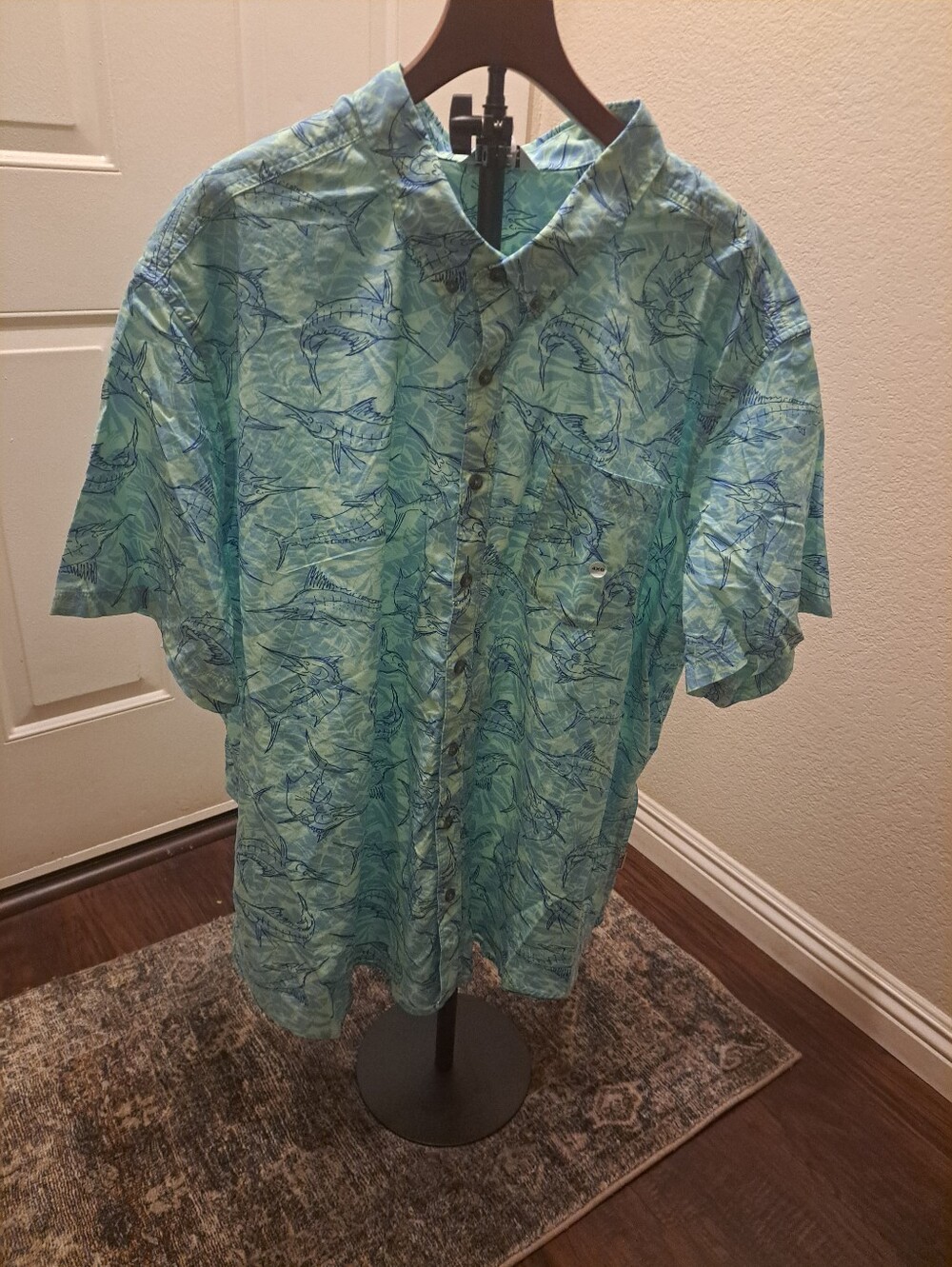 Eddie Bauer Men's Baja Shirt NWT Size 4XB Blue Green Fish Print Short Slee